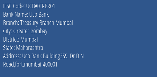 Uco Bank Treasury Branch Mumbai Branch, Branch Code TRBR01 & IFSC Code UCBA0TRBR01