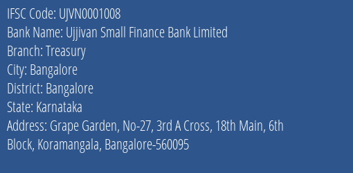 Ujjivan Small Finance Bank Limited Treasury Branch, Branch Code 001008 & IFSC Code UJVN0001008