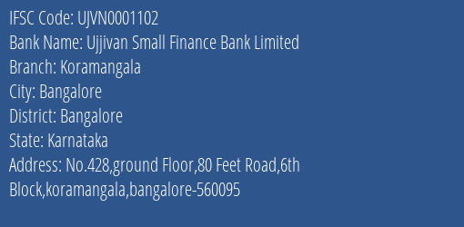 Ujjivan Small Finance Bank Limited Koramangala Branch, Branch Code 001102 & IFSC Code UJVN0001102