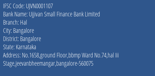 Ujjivan Small Finance Bank Limited Hal Branch IFSC Code
