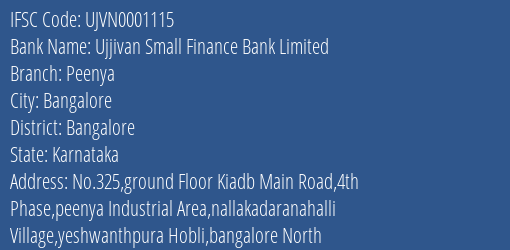 Ujjivan Small Finance Bank Limited Peenya Branch, Branch Code 001115 & IFSC Code UJVN0001115