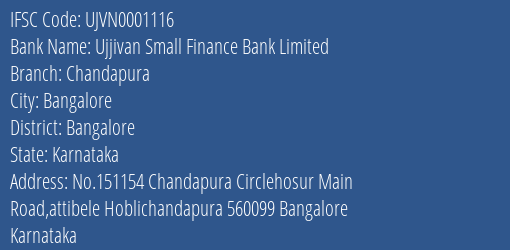 Ujjivan Small Finance Bank Limited Chandapura Branch, Branch Code 001116 & IFSC Code UJVN0001116