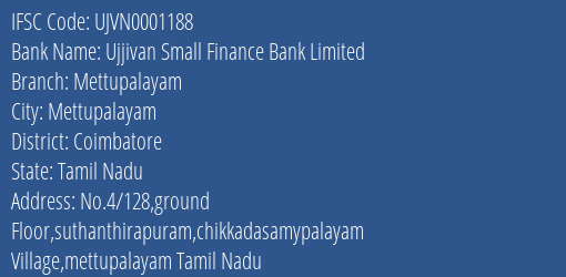 Ujjivan Small Finance Bank Mettupalayam Branch Coimbatore IFSC Code UJVN0001188