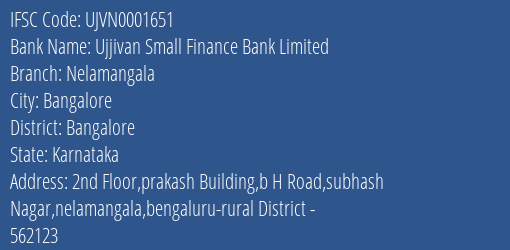 Ujjivan Small Finance Bank Limited Nelamangala Branch, Branch Code 001651 & IFSC Code UJVN0001651