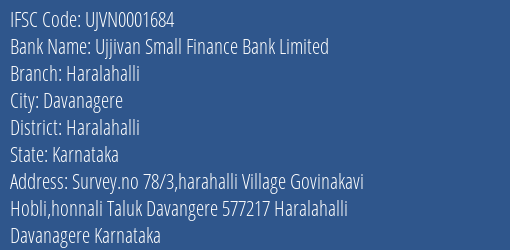 Ujjivan Small Finance Bank Haralahalli Branch Haralahalli IFSC Code UJVN0001684