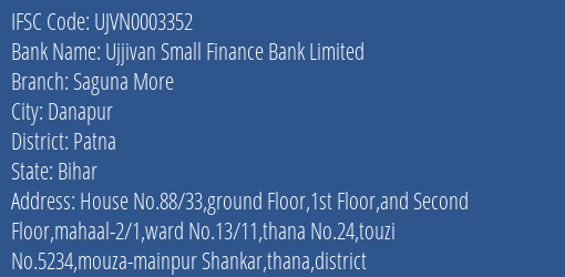 Ujjivan Small Finance Bank Limited Saguna More Branch, Branch Code 003352 & IFSC Code UJVN0003352