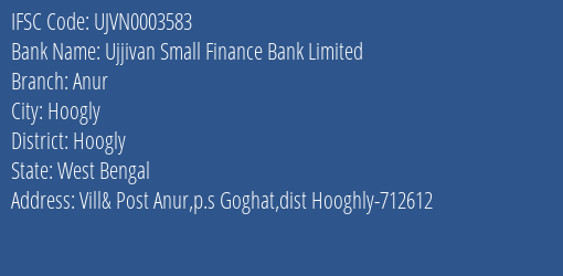 Ujjivan Small Finance Bank Anur Branch Hoogly IFSC Code UJVN0003583