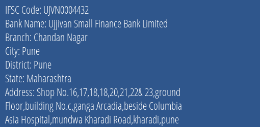 Ujjivan Small Finance Bank Limited Chandan Nagar Branch, Branch Code 004432 & IFSC Code UJVN0004432