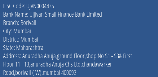 Ujjivan Small Finance Bank Borivali Branch Mumbai IFSC Code UJVN0004435