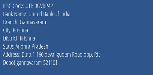 United Bank Of India Gannavaram Branch, Branch Code GVRP42 & IFSC Code UTBI0GVRP42