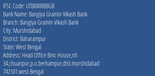 Bangiya Gramin Vikash Bank Raninagar, Murshidabad IFSC Code UTBI0RRBBGB