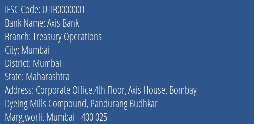 Axis Bank Treasury Operations Branch, Branch Code 000001 & IFSC Code UTIB0000001
