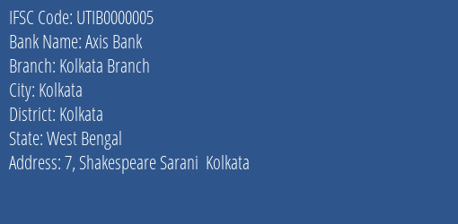 Axis Bank Kolkata Branch Branch, Branch Code 000005 & IFSC Code UTIB0000005