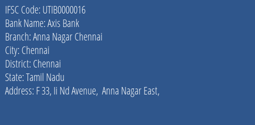 Axis Bank Anna Nagar Chennai Branch, Branch Code 000016 & IFSC Code UTIB0000016