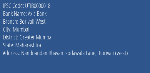 Axis Bank Borivali West Branch, Branch Code 000018 & IFSC Code UTIB0000018