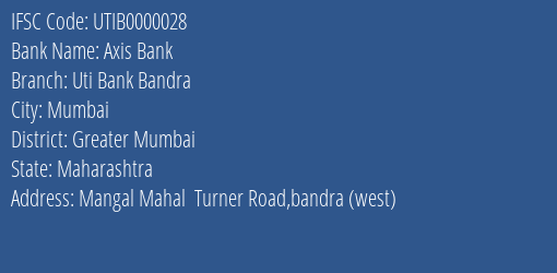 Axis Bank Uti Bank Bandra Branch, Branch Code 000028 & IFSC Code UTIB0000028