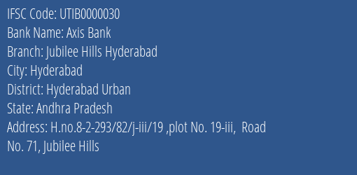 Axis Bank Jubilee Hills Hyderabad Branch, Branch Code 000030 & IFSC Code UTIB0000030