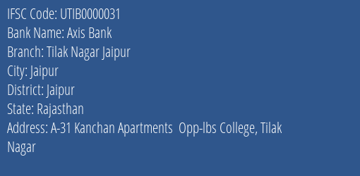 Axis Bank Tilak Nagar Jaipur Branch, Branch Code 000031 & IFSC Code UTIB0000031