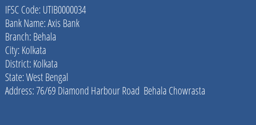 Axis Bank Behala Branch, Branch Code 000034 & IFSC Code UTIB0000034