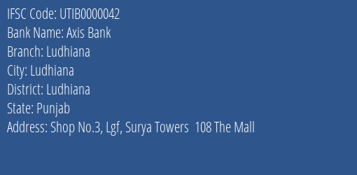 Axis Bank Ludhiana Branch, Branch Code 000042 & IFSC Code UTIB0000042