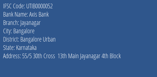 Axis Bank Jayanagar Branch, Branch Code 000052 & IFSC Code UTIB0000052