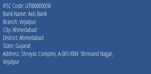 Axis Bank Vejalpur Branch, Branch Code 000058 & IFSC Code UTIB0000058