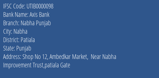 Axis Bank Nabha Punjab Branch, Branch Code 000098 & IFSC Code UTIB0000098