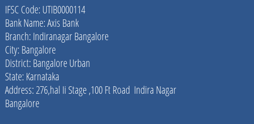 Axis Bank Indiranagar Bangalore Branch IFSC Code