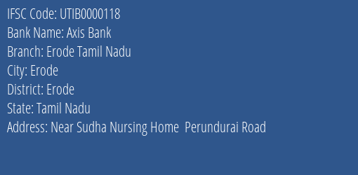 Axis Bank Erode Tamil Nadu Branch, Branch Code 000118 & IFSC Code UTIB0000118