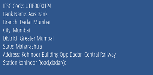 Axis Bank Dadar Mumbai Branch, Branch Code 000124 & IFSC Code UTIB0000124