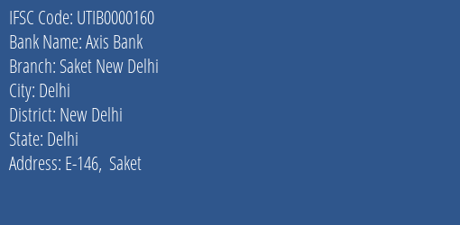 Axis Bank Saket New Delhi Branch, Branch Code 000160 & IFSC Code UTIB0000160