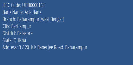 Axis Bank Baharampur[west Bengal] Branch, Branch Code 000163 & IFSC Code Utib0000163