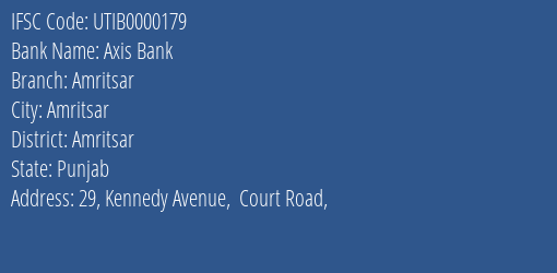 Axis Bank Amritsar Branch, Branch Code 000179 & IFSC Code UTIB0000179