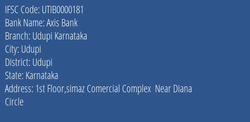 Axis Bank Udupi Karnataka Branch, Branch Code 000181 & IFSC Code UTIB0000181