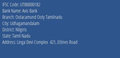 Axis Bank Ootacamund Ooty Tamilnadu Branch, Branch Code 000182 & IFSC Code UTIB0000182