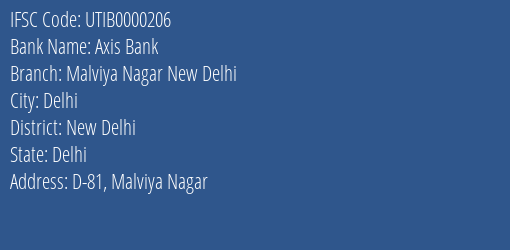 Axis Bank Malviya Nagar New Delhi Branch New Delhi IFSC Code UTIB0000206