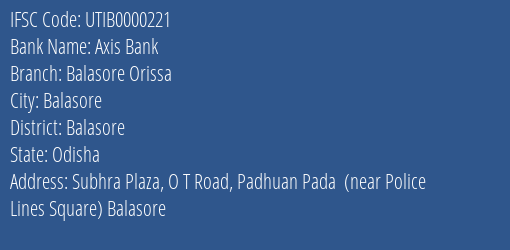 Axis Bank Balasore Orissa Branch, Branch Code 000221 & IFSC Code Utib0000221