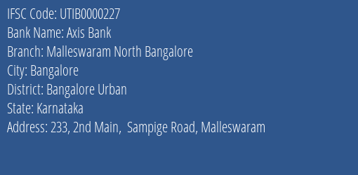 Axis Bank Malleswaram North Bangalore Branch, Branch Code 000227 & IFSC Code UTIB0000227
