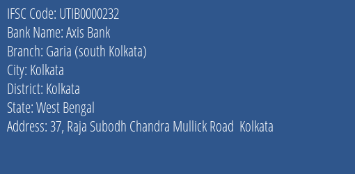 Axis Bank Garia South Kolkata Branch, Branch Code 000232 & IFSC Code UTIB0000232