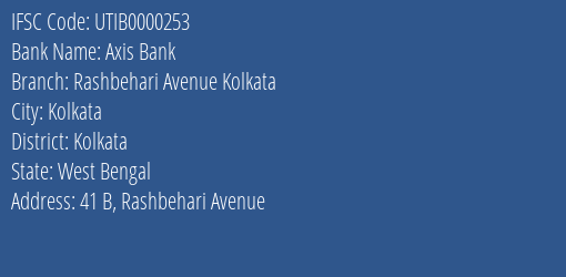 Axis Bank Rashbehari Avenue Kolkata Branch, Branch Code 000253 & IFSC Code UTIB0000253