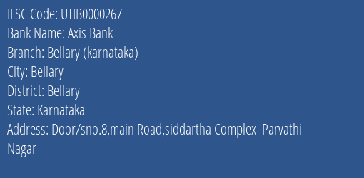 Axis Bank Bellary Karnataka Branch, Branch Code 000267 & IFSC Code UTIB0000267