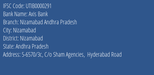Axis Bank Nizamabad Andhra Pradesh Branch, Branch Code 000291 & IFSC Code UTIB0000291