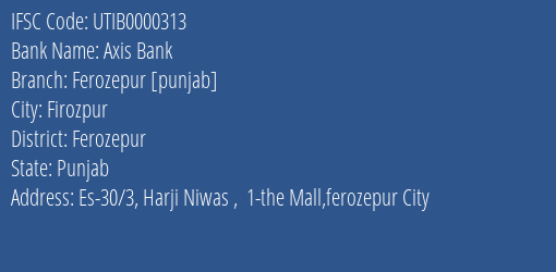 Axis Bank Ferozepur [punjab] Branch, Branch Code 000313 & IFSC Code UTIB0000313