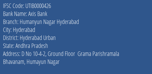Axis Bank Humanyun Nagar Hyderabad Branch, Branch Code 000426 & IFSC Code UTIB0000426