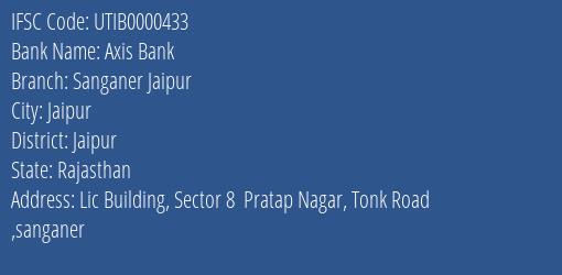 Axis Bank Sanganer Jaipur Branch, Branch Code 000433 & IFSC Code UTIB0000433
