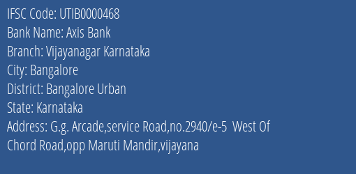 Axis Bank Vijayanagar Karnataka Branch, Branch Code 000468 & IFSC Code UTIB0000468