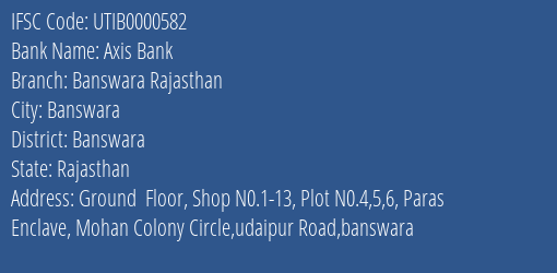 Axis Bank Banswara Rajasthan Branch, Branch Code 000582 & IFSC Code UTIB0000582