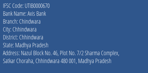 Axis Bank Chindwara Branch, Branch Code 000670 & IFSC Code UTIB0000670