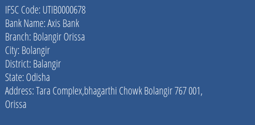 Axis Bank Bolangir Orissa Branch, Branch Code 000678 & IFSC Code Utib0000678