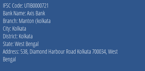 Axis Bank Manton Kolkata Branch Kolkata IFSC Code UTIB0000721